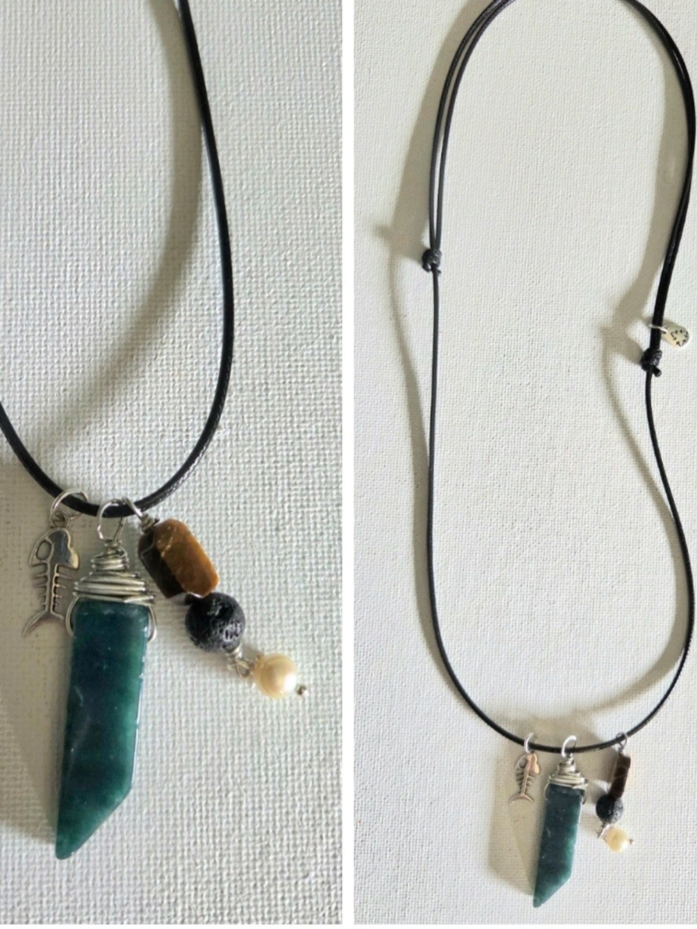 Handmade Stone Pendant Necklace with Tiger Eye, Lava Stone And Pearl Bead Charms